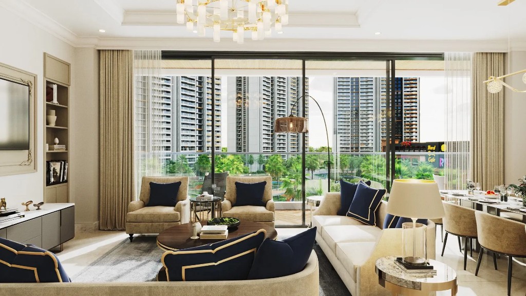 Living and dining room with city view